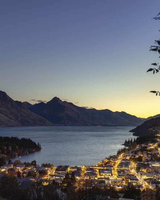 Queenstown at Dusk looking over the centre town Walter Peak