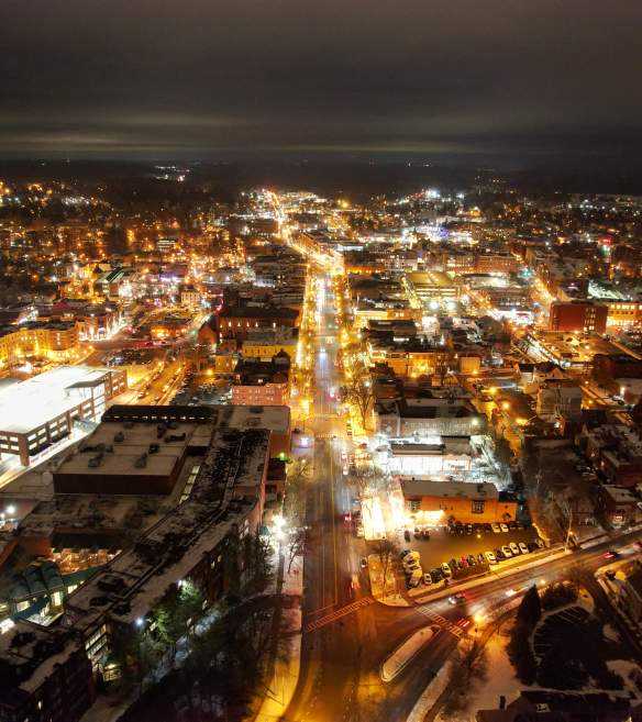 Aerial view of downtown Saratoga Springs at night