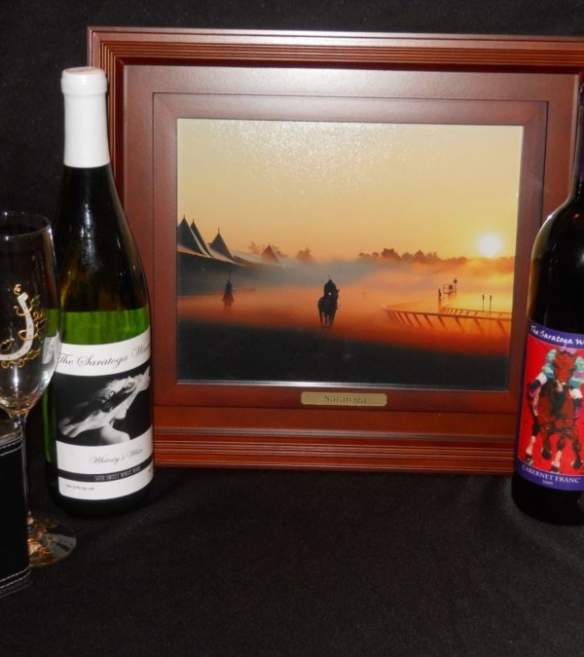 Saratoga gift basket with wine, wine glasses, and a picture