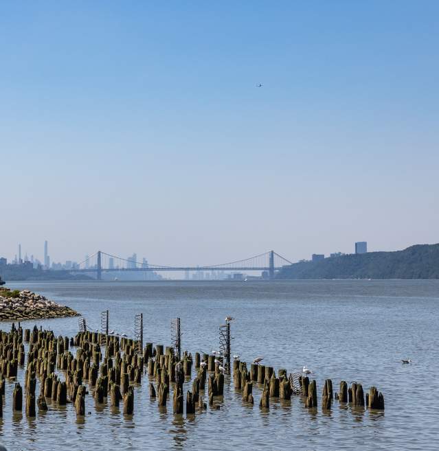 The Yonkers waterfront looking toward the Manhattan skyline.