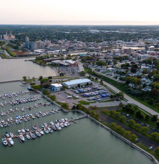 manitowoc harbor and marina drone photo inland