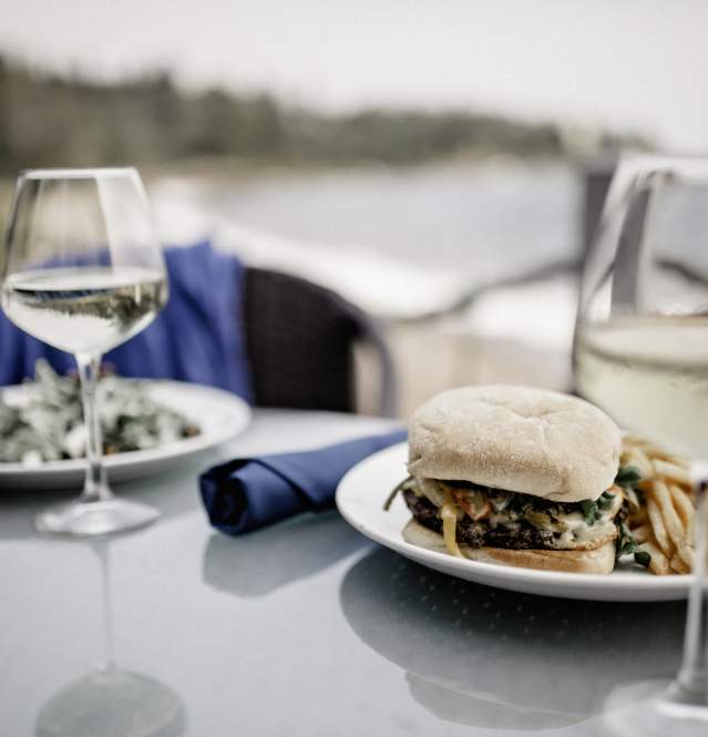 Dining outdoor and wine glasses along Lake Superior