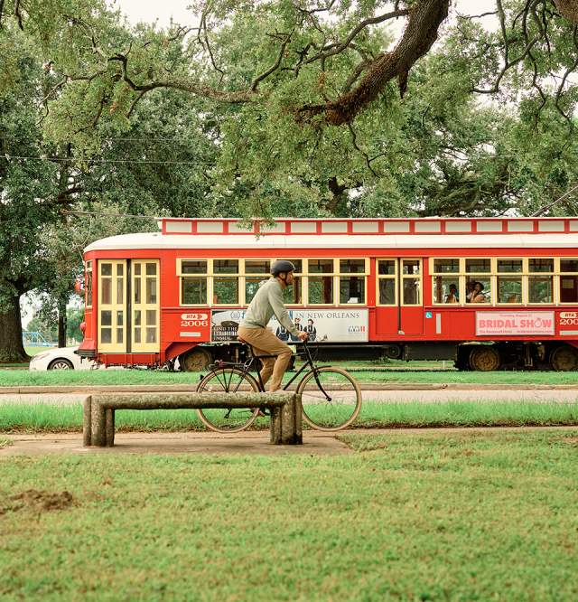 Canal Street Streetcar Passing A Biker in City Park