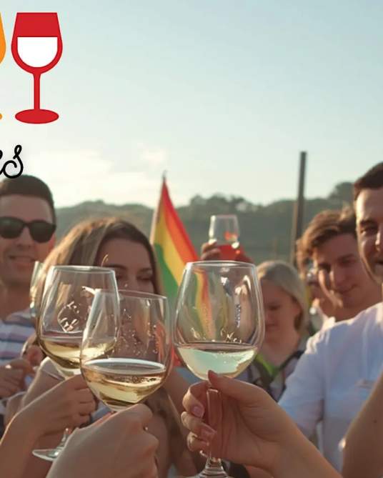Group toasting with white wine at a Loudoun County vineyard, Rainbow Pride flags in the background, Pride in the Vines logo