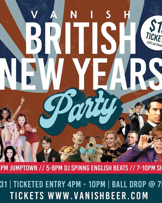 Join us for a British Themed NYE Party! Countdown and the ball drop at 7pm