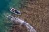 Aerial view of a Kimberley expedition cruise excursion to Montgomery Reef, showing the reef and crystal clear waters