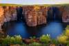A view of the twin waterfalls at King George Falls on the Kimberley coast, taken from a viewing point on land directly opposite the falls