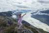 Dancing our way to the top of Chilly Ridge, child posing over the valley from Chilly Ridge