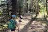 Young boy hiking with dog
