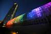 Crystal Bridge at Myriad Gardens illuminated in rainbow colors