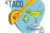 A light blue guitar pick shape, on top of which is text that reads "Taco + Margarita Trail." There is a guitar whose base is a taco and a margarita that has drumsticks on top.