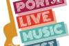 A logo that is half a guitar in yellow on the left and on the right are four lines of text. "Port A" is at the top in maroon, then "Live" in orange, "Music" in a light teal, and "Fest" in a darker teal.