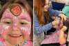 Side-by-side photo of a little girl with a pink face painting strawberry and a woman painting that girl's face