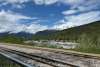 Looking over the railway from the cemetery to the mountains.