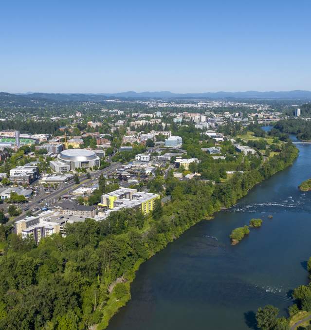 Looking toward UO Campus, downtown Eugene and Coastal Range along the Willamette River