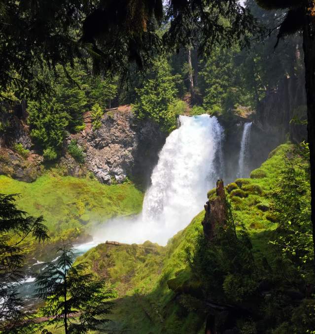 A large water in a green, forested canyon.