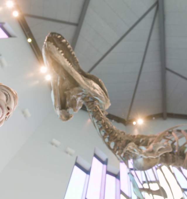 kid looking at dino