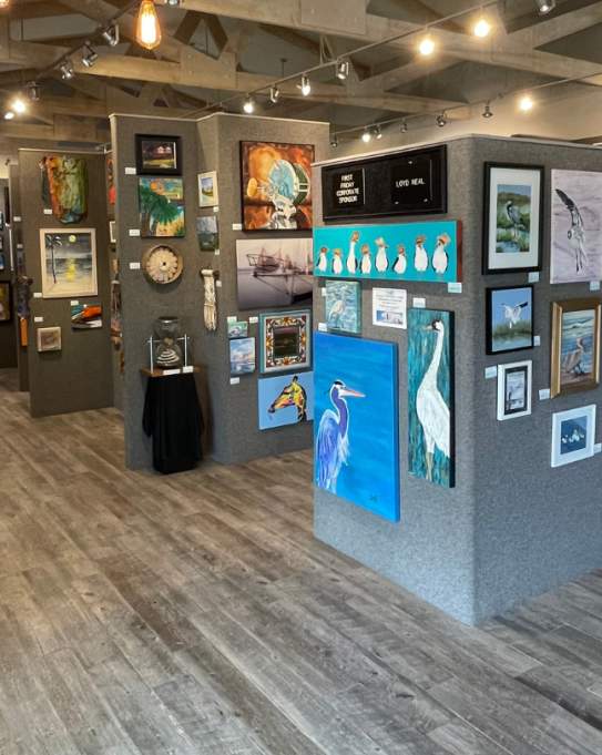 Beach and wildlife themed paintings line the walls at the Port Aransas Art Center