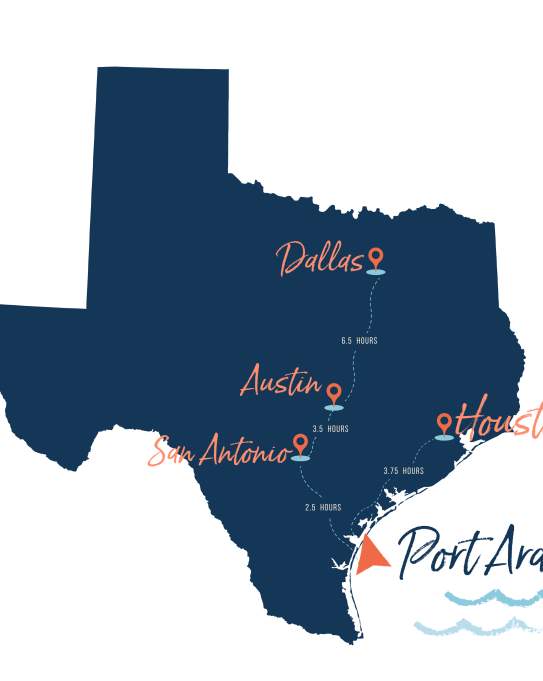 Blue map of the state of Texas with the cities Dallas, Austin, San Antonio and Houston marked on the map and travel distances to the city of Port Aransas
