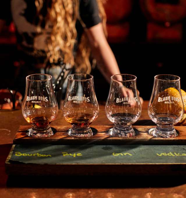 Bourbon tasting flight at Blaum Brothers Distilling Co. in Galena, IL.