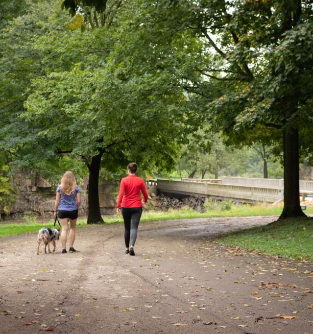 People walking dog in park