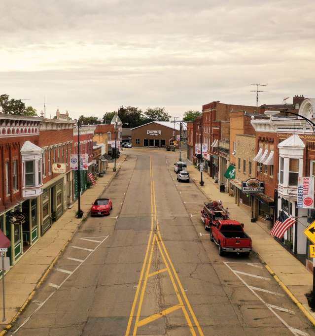 Aerial view of Elizabeth, IL Main Street