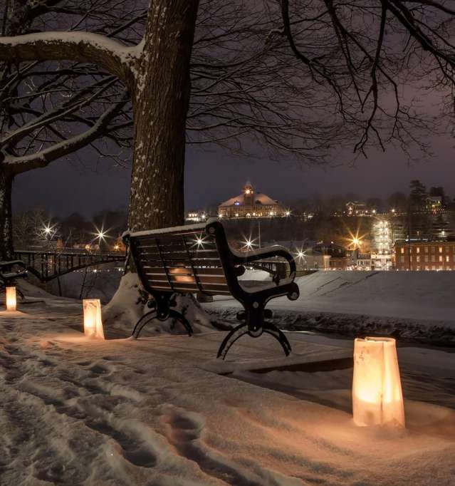 Candle luminaries along the riverside at night. A park bench next to a tree, with the city buildings and lights in the background.
