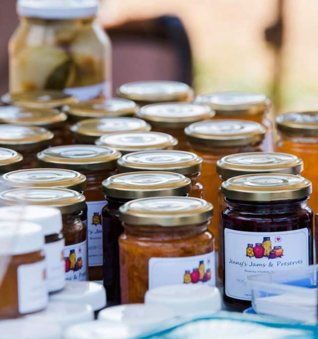 Jars of homemade produce on a table at the Beverley Community Markets in the Avon Valley