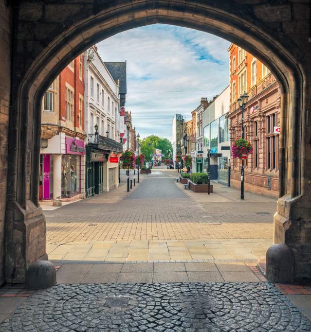 Lincoln high street in the morning from underneath Stonebow arch