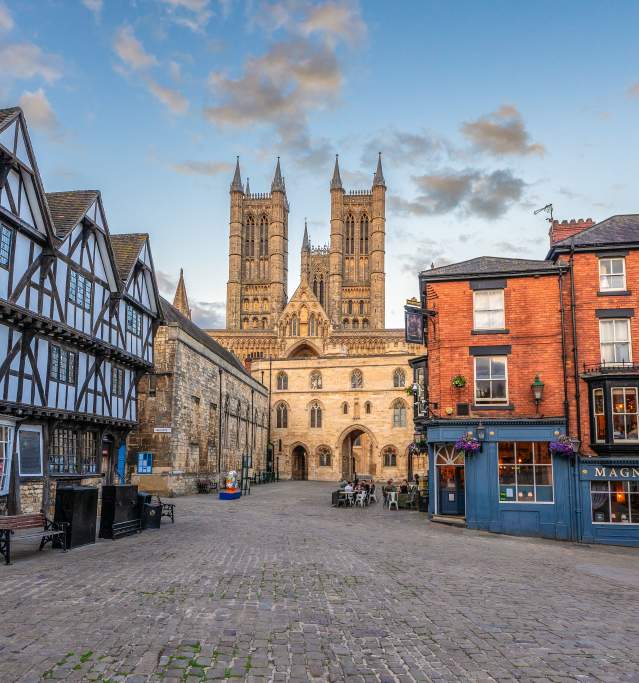 The view across Castle Square with historic buildings and Lincoln Cathedral in the background