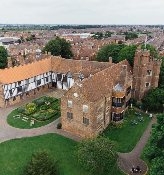 Gainsborough Old Hall from above with surrounding gardens