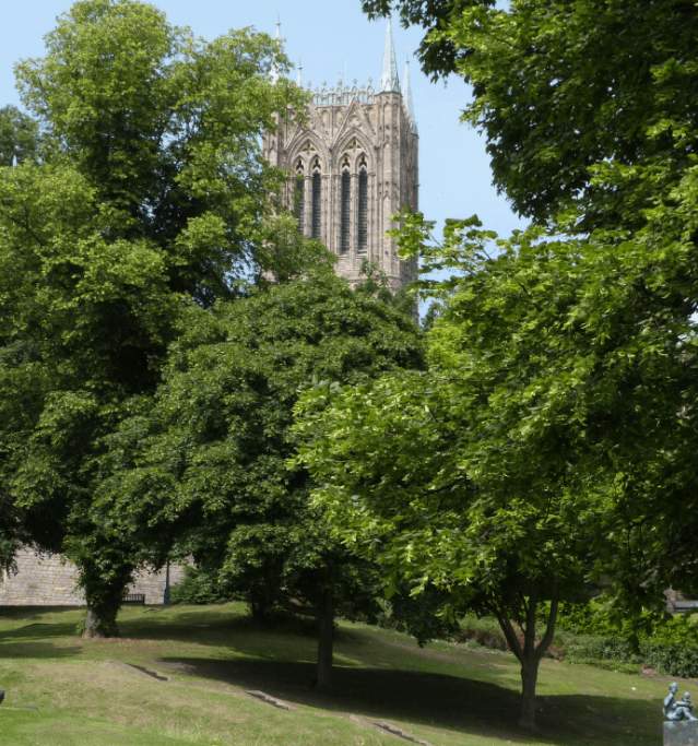 An image of Temple Gardens. A green with trees and an old tower in the back