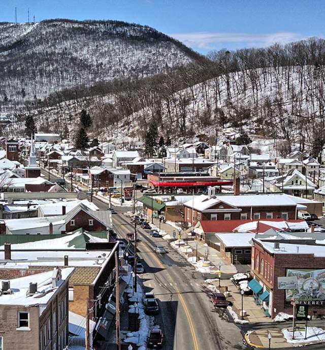 Aerial view of a snow covered town in the Alleghenies in Pennsylvania