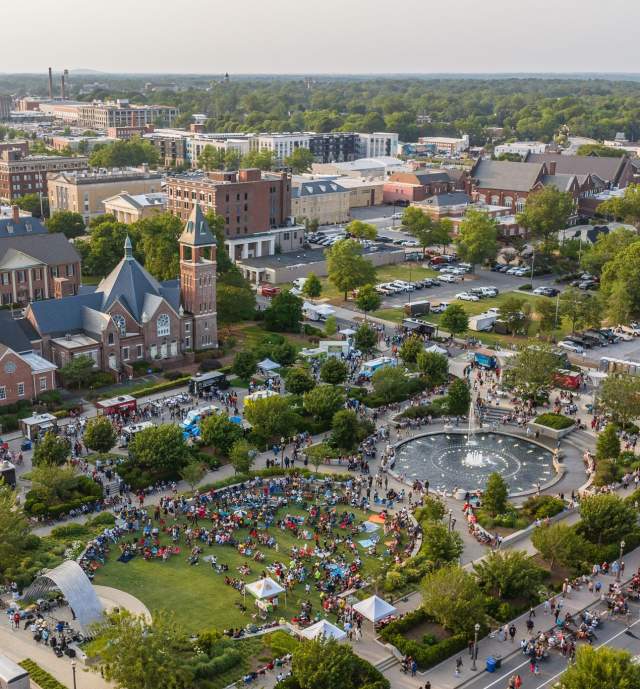 An aerial view of downtown Rock Hill including fountain park