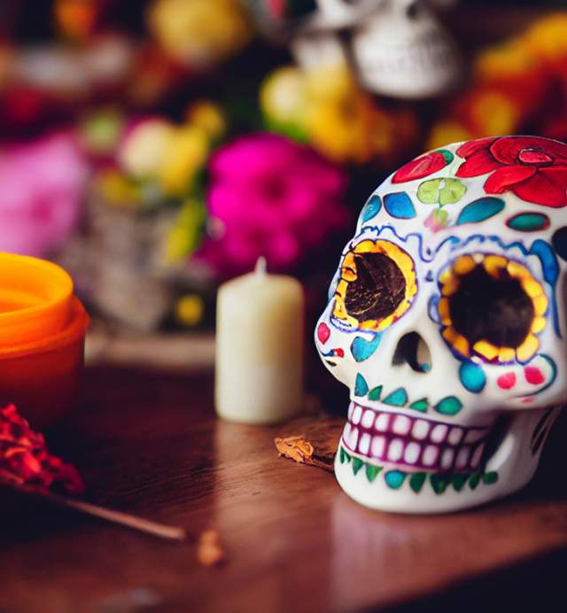 A small decorative skull with coloful design painted on it, next to a lit candle and some flowers
