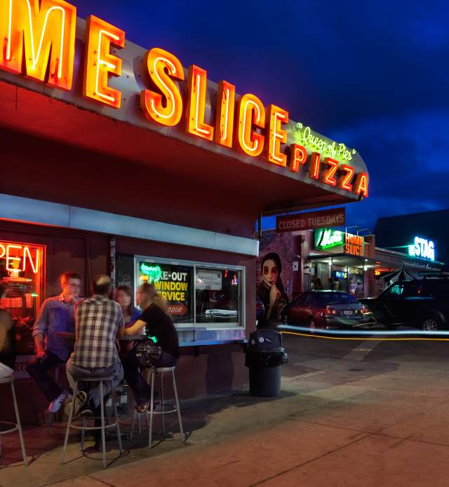 Home Slice Pizza at night on South Congress in austin texas