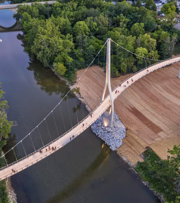 Dublin Link pedestrian bridge aerial over the Scioto River