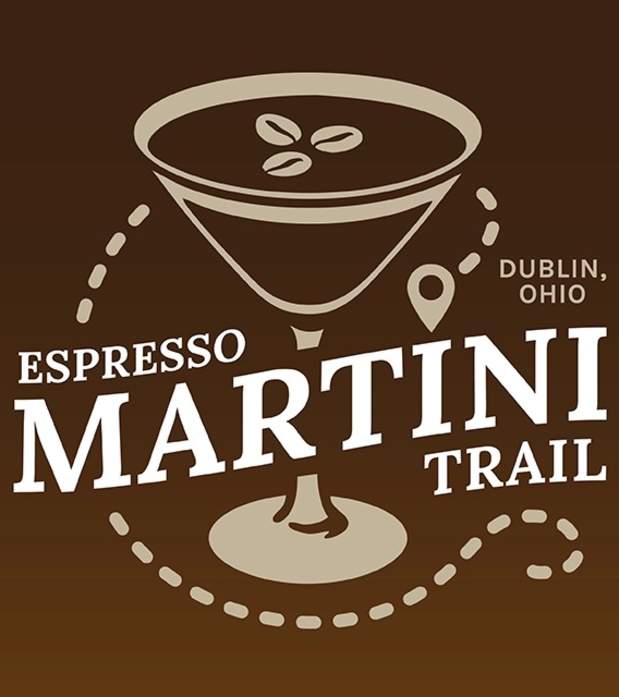 Logo for the Dublin, Ohio Espresso Martini Trail featuring a cocktail glass with coffee beans and a location pin.