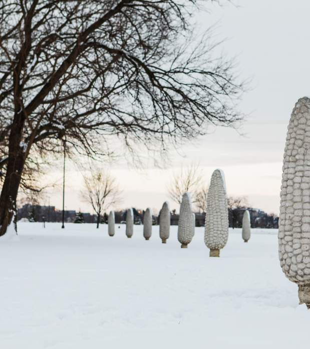 Field of Corn public art installation in the snow