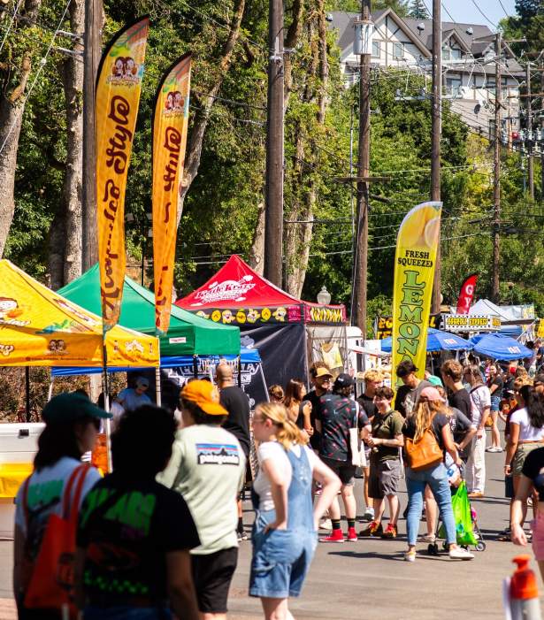 A variety of food vendor tents with crowds of people on a sunny day during a festival.