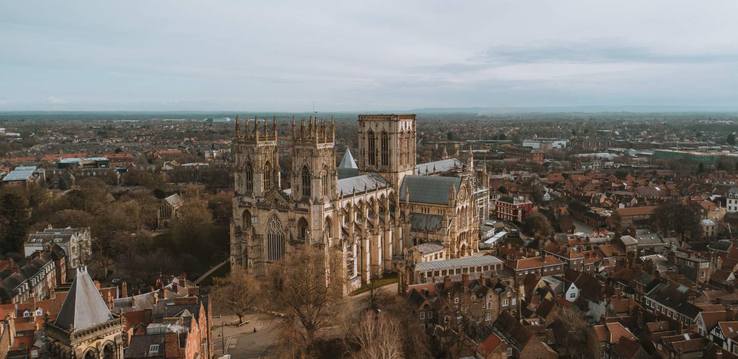 Aerial view of the city of York, the gothic cathedral dominating the surrounding area
