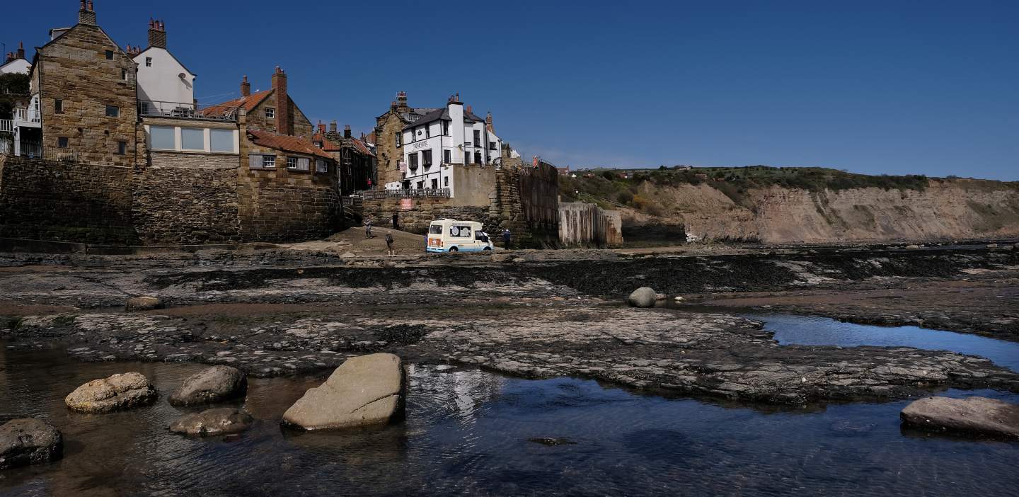 Robin Hood's Bay on a moody day, rockpools like mirrors