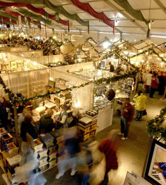 Aerial of people shopping at the indoor Christmas Market, Christkindlmarkt, in Bethlehem