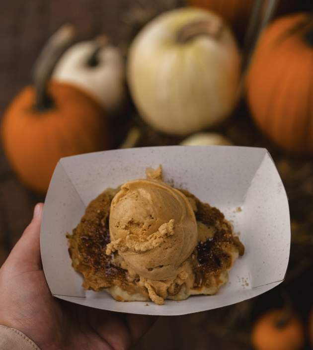 A hand holding a paper container of a waffle with ice cream on top