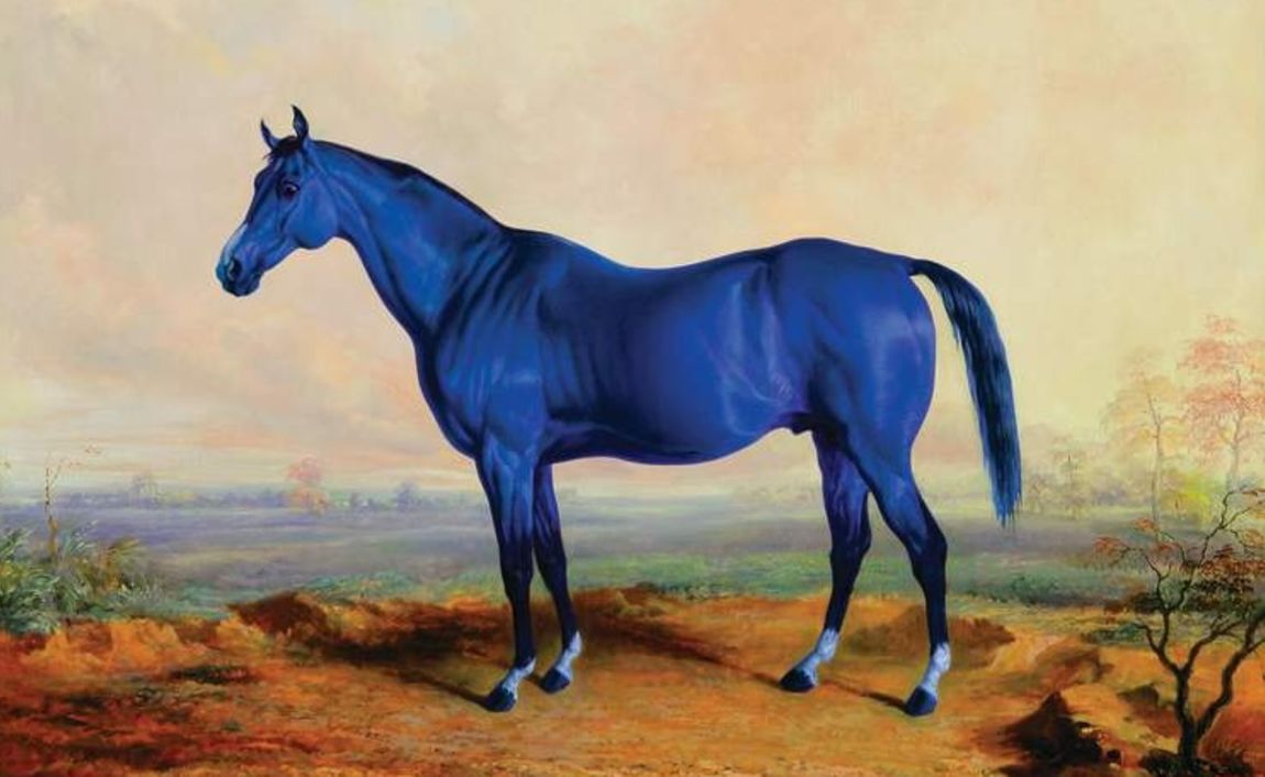 Painting of a vibrant blue horse standing in a landscape.