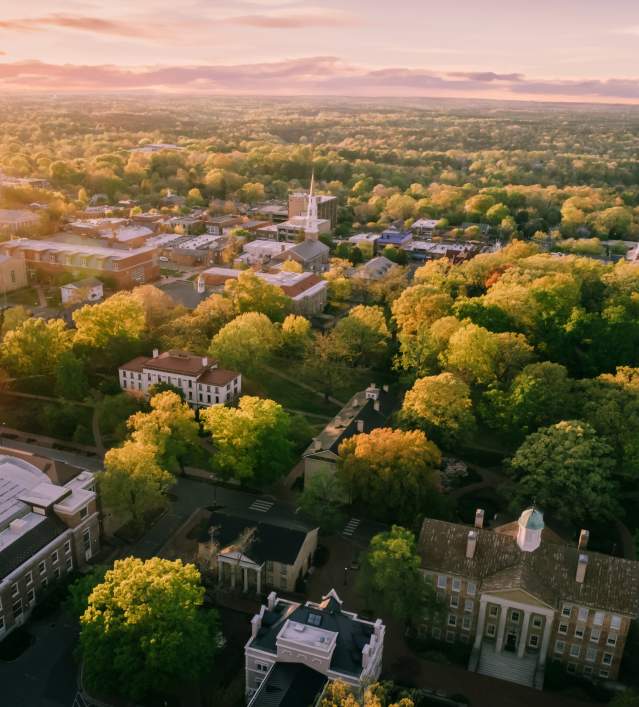 Overhead view of UNC Campus and downtown Chapel Hill