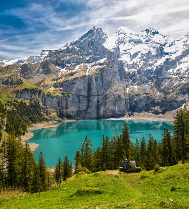 a green blue clear lake surrounded by evergreen trees and a green mountain field with the snow covered swiss alps in the background