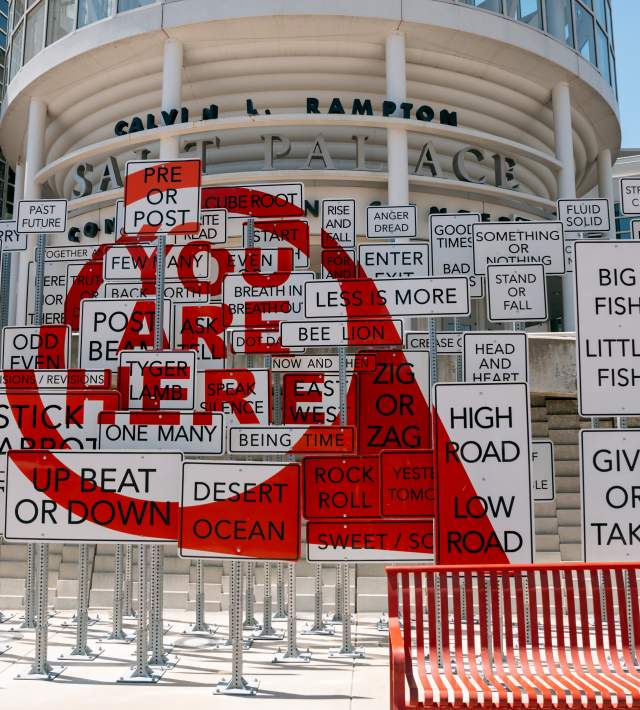 Image of You Are Here art piece in front of Salt Palace Convention Center.