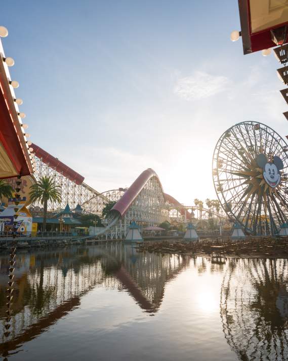 Sunrise at Disney California Adventure Park with a large Ferris wheel and roller coaster, reflected in a serene lake surrounded by palm trees.