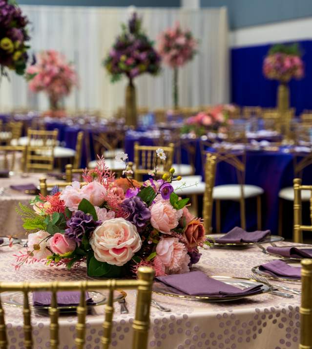 Cotillion set up. A nice purple style themed set up with flowers and fancy set up